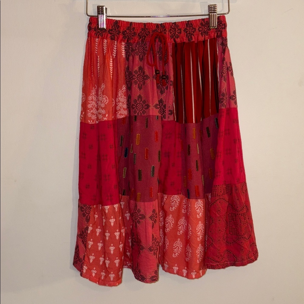1990s Dead Stock Bohemian Patchwork Red & Pink A Line Skirt XS/Small 0-4 Woman’s - Picture 7 of 17